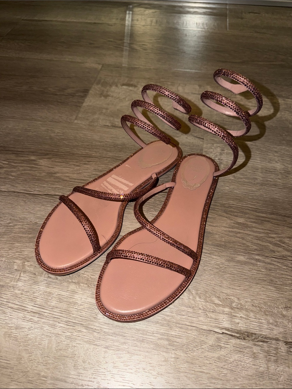 Rene Caovilla Metallic Rose Spiral Ankle Wrap Sandals